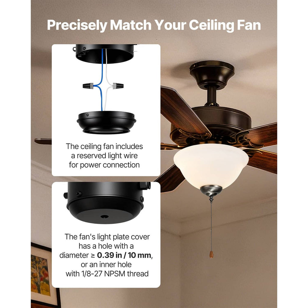 Ceiling fan light kit showing mounting connection, white bowl shade and pull chain