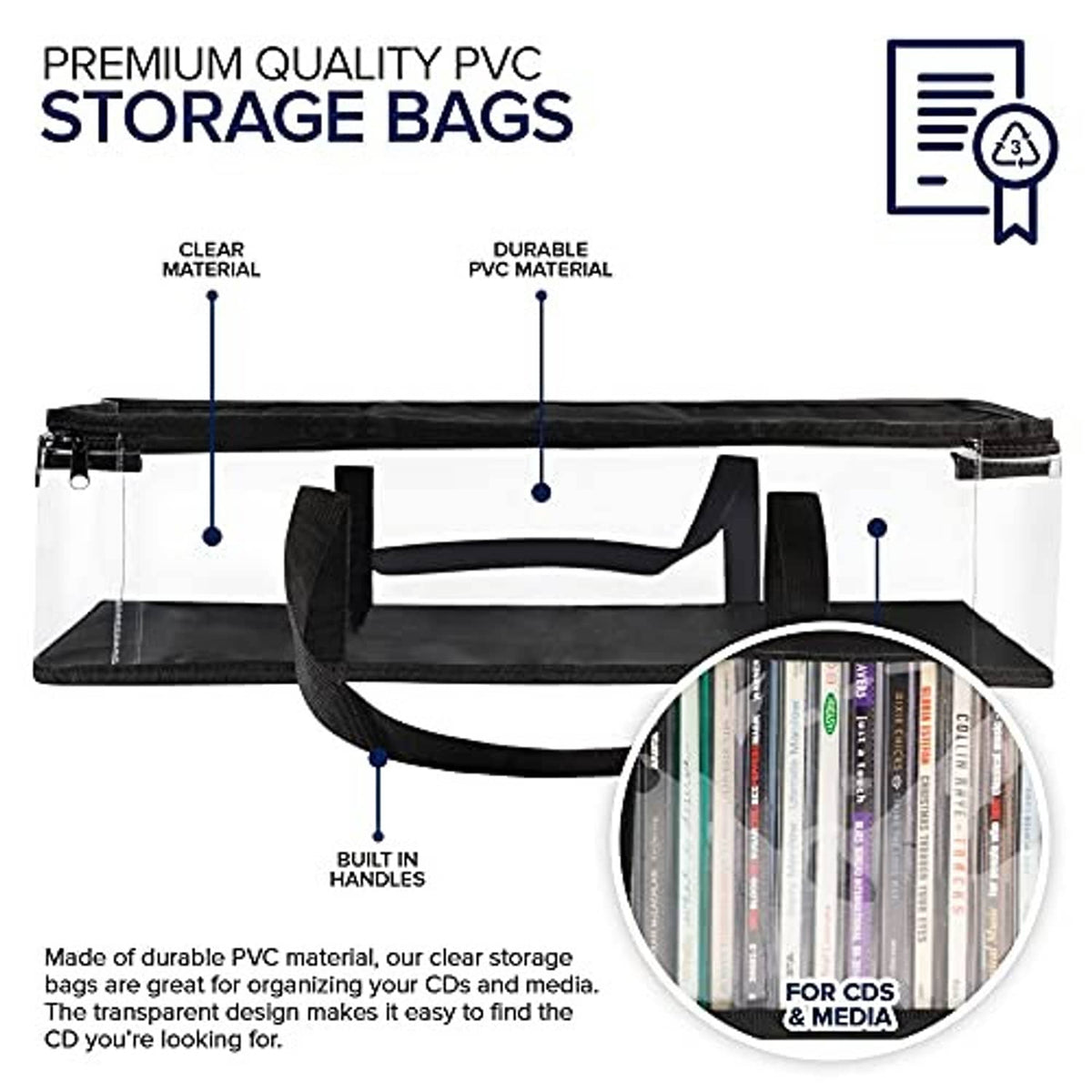 Clear PVC media storage bag with black carrying handles and zippered top