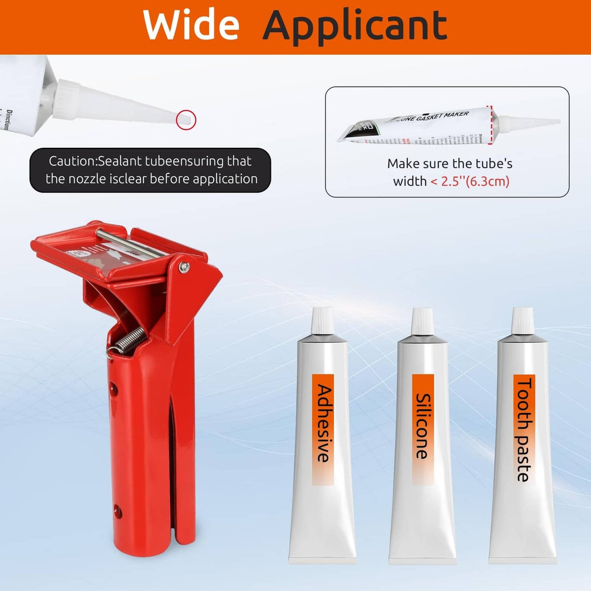 Red RTV tube extrusion tool beside three white sealant squeeze tubes