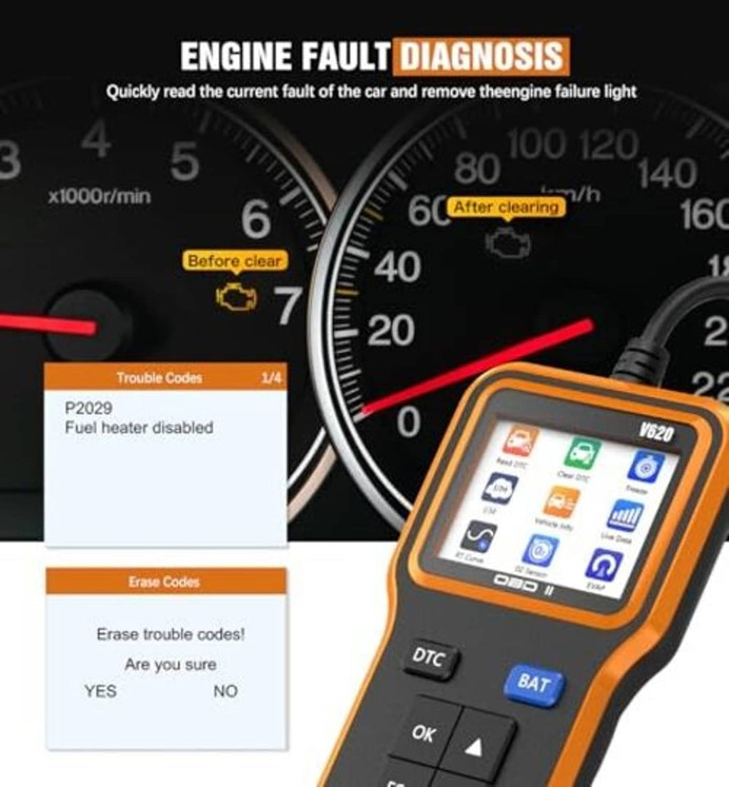 Orange OBD2 scanner with screen showing trouble codes and DTC button