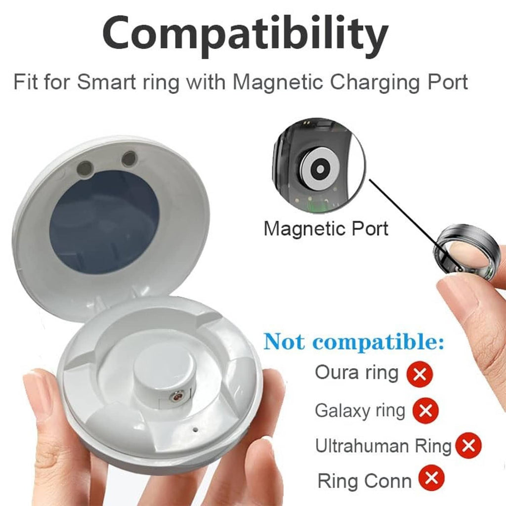White charging case showing magnetic charging port compatibility layout