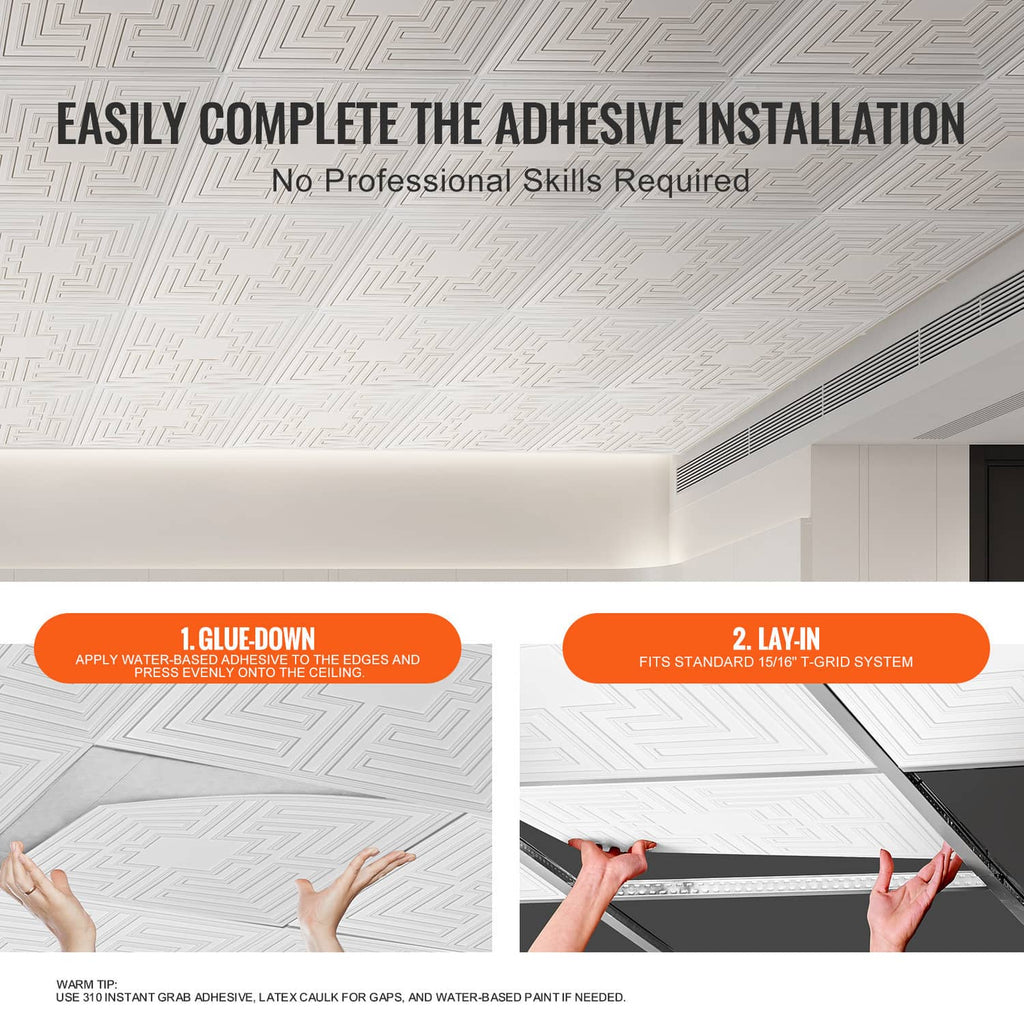 White PVC ceiling tile with adhesive-style installation shown on surface