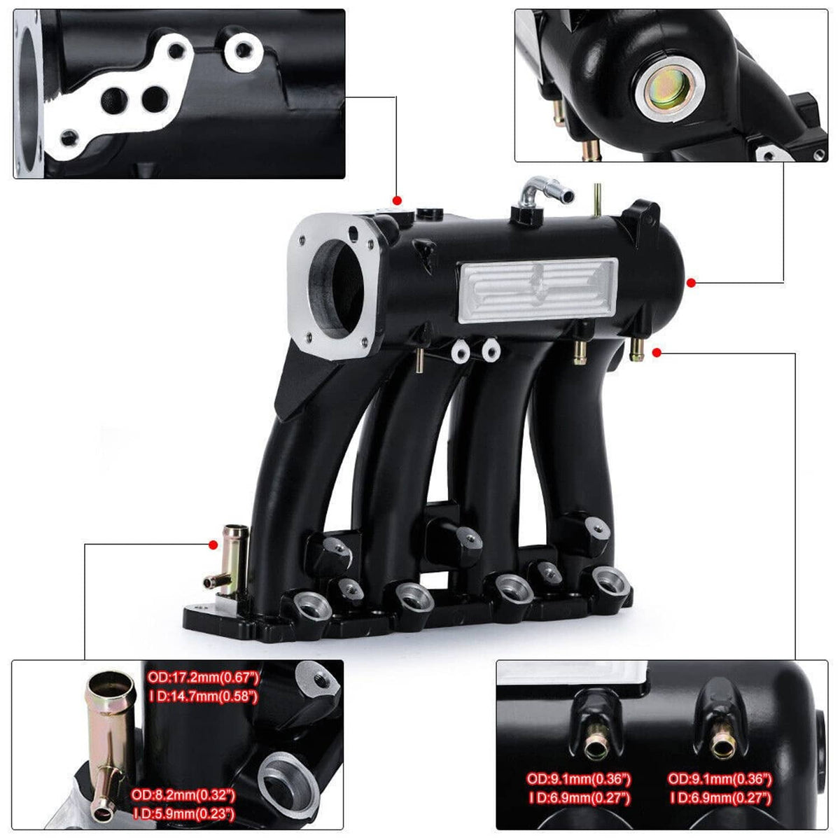 Intake manifold with TPS sensor housing and silver flange ports on black runners