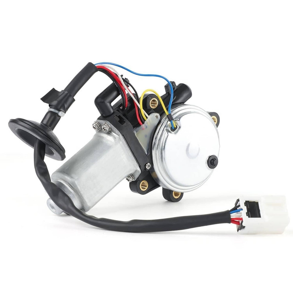 Front window motor assembly with metal actuator housing, black yoke, and wiring harness