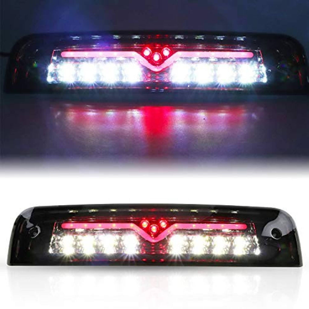 LED third brake light, smoked lens with chrome housing; red and white illumination visible