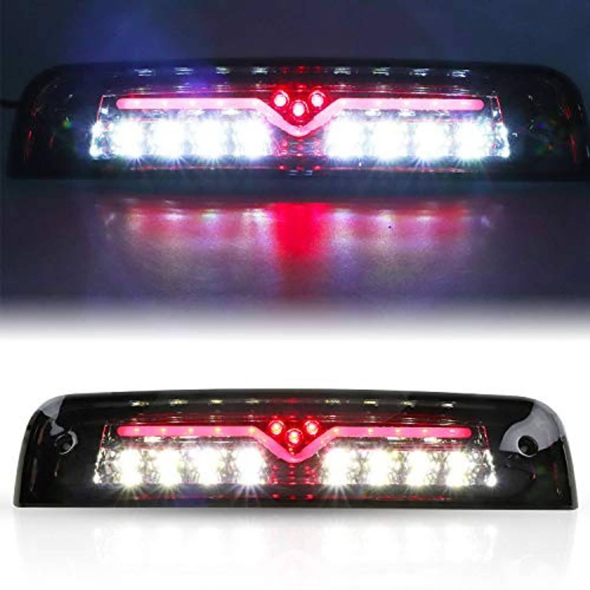 LED third brake light, smoked lens with chrome housing; red and white illumination visible