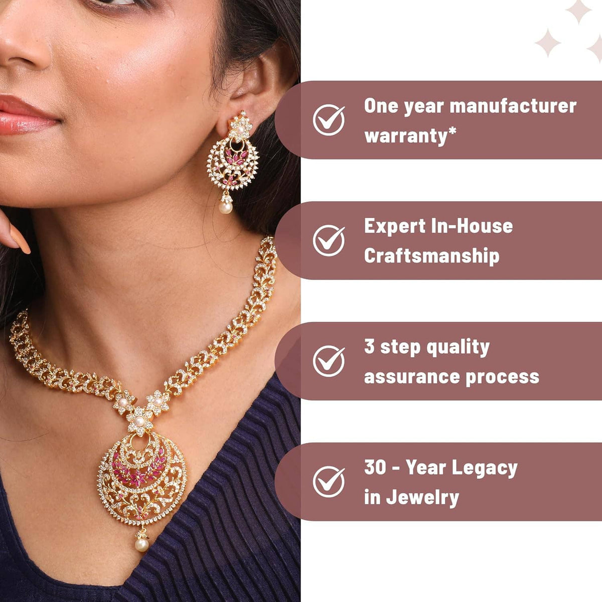 Gold-plated brass short necklace and matching earrings on model with CZ pendant