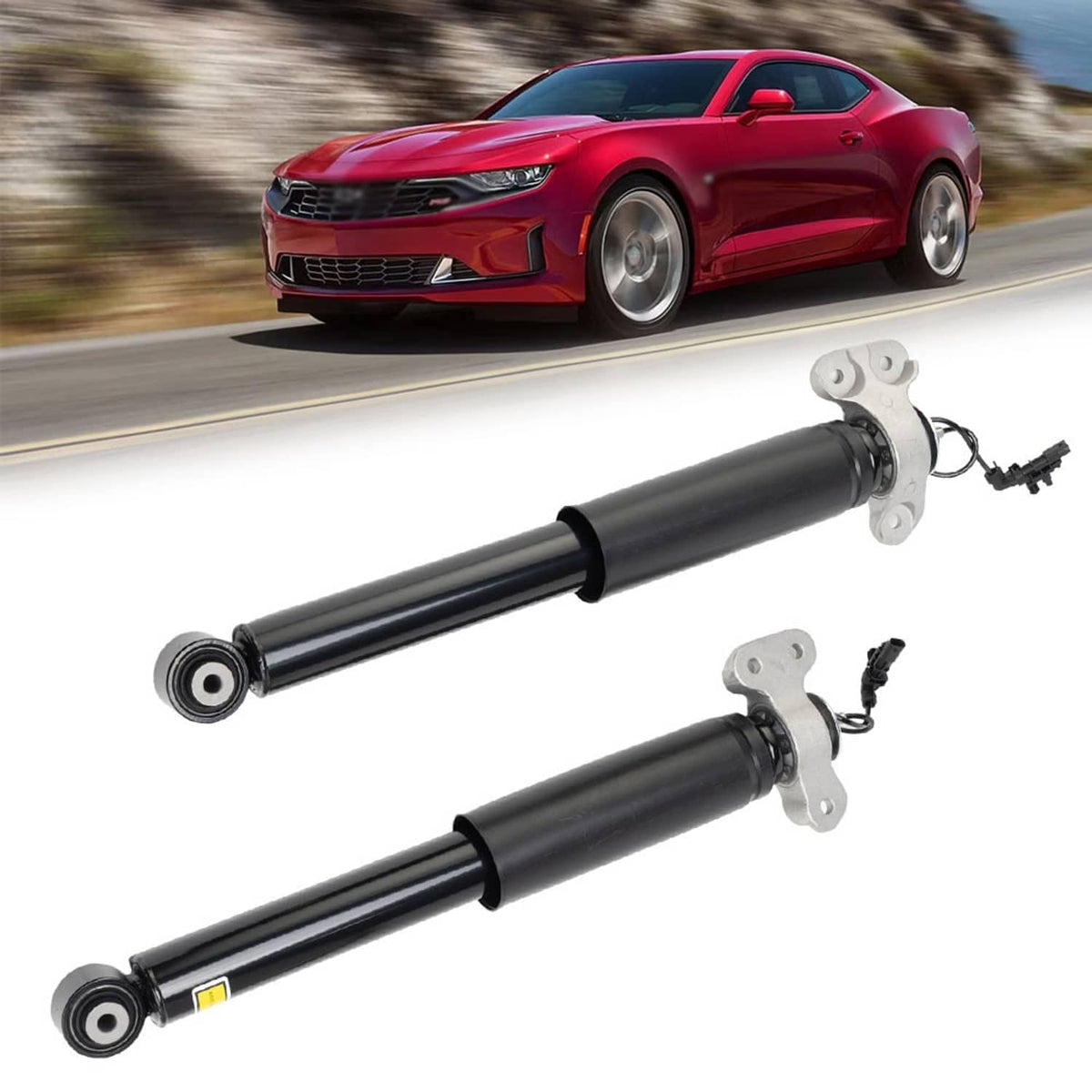 Rear shock absorber pair with black cylinders and silver mounting brackets, left and right