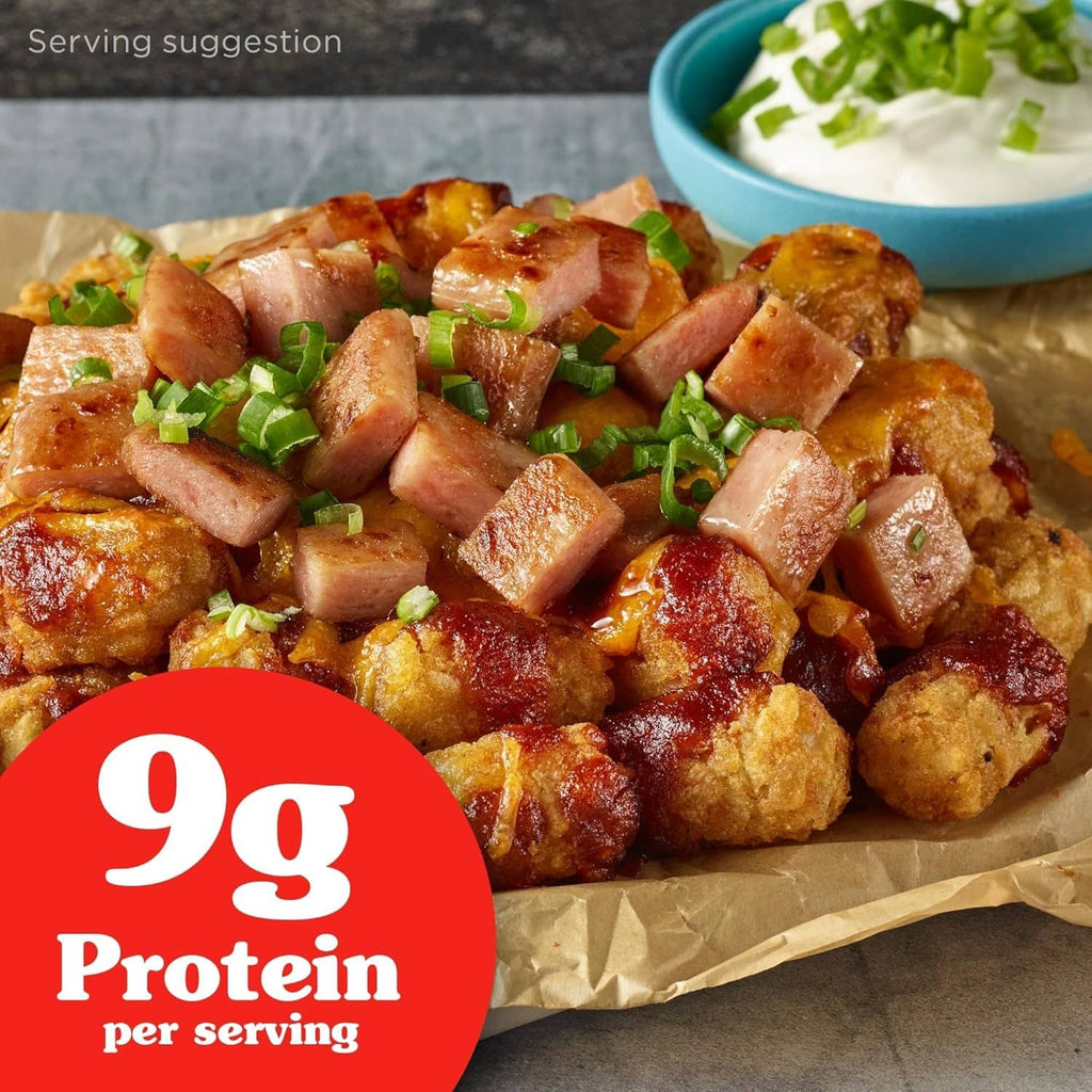 Hot & Spicy SPAM serving in tray with chopped toppings, 9g protein
