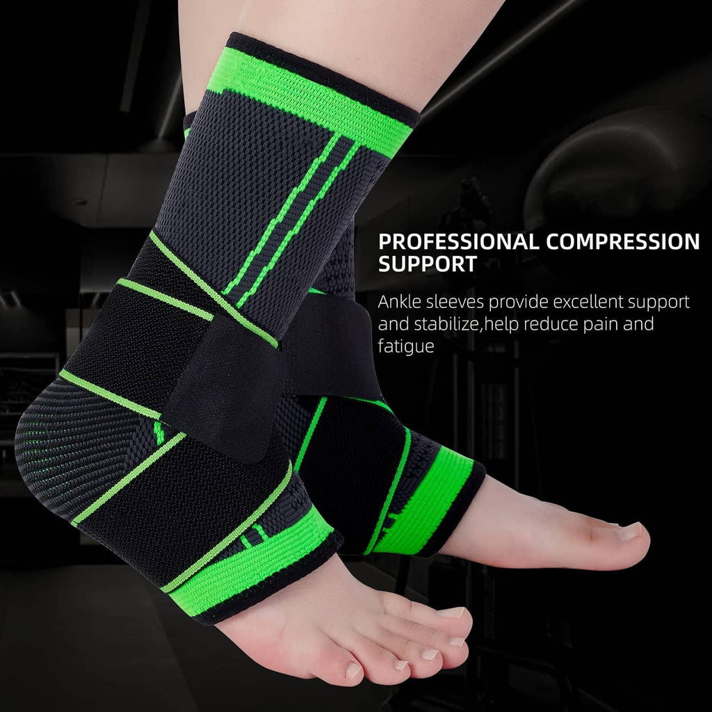 Black ankle brace with neon green trim and grid fabric, close-up on foot