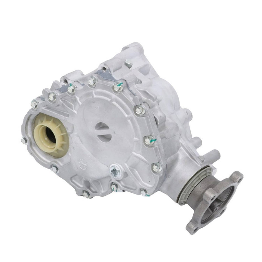 Transfer case assembly angled view showing beige bushing and silver housing