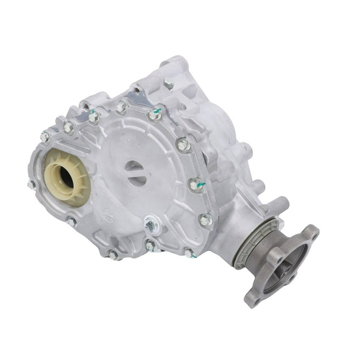 Transfer case assembly angled view showing beige bushing and silver housing