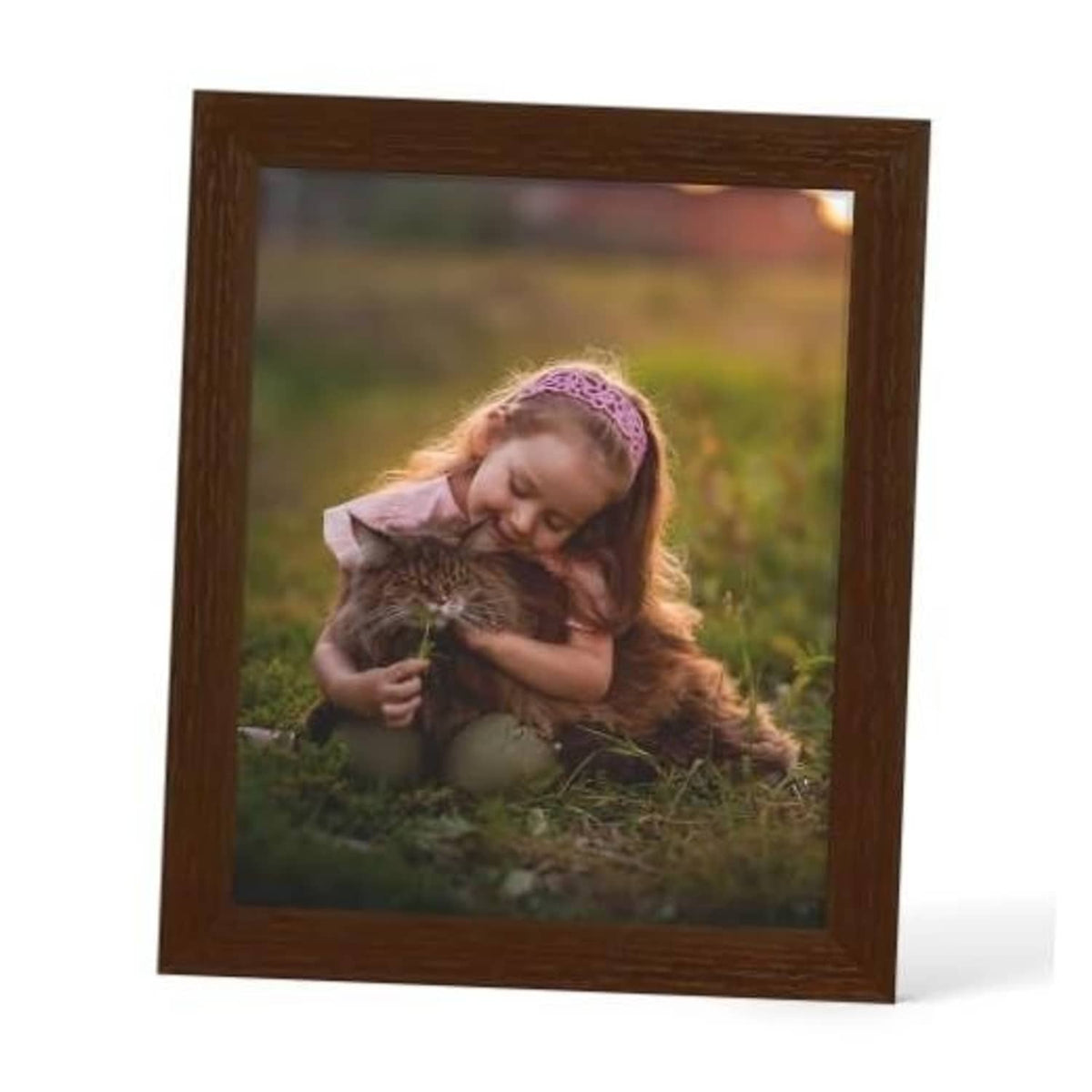 Walnut wood 8x10 picture frame standing with real glass and a portrait photo inside