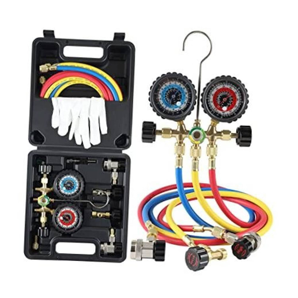 A/C diagnostic manifold gauge set in case, dual pressure gauges, valves, and color hoses