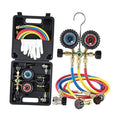 A/C diagnostic manifold gauge set in case, dual pressure gauges, valves, and color hoses