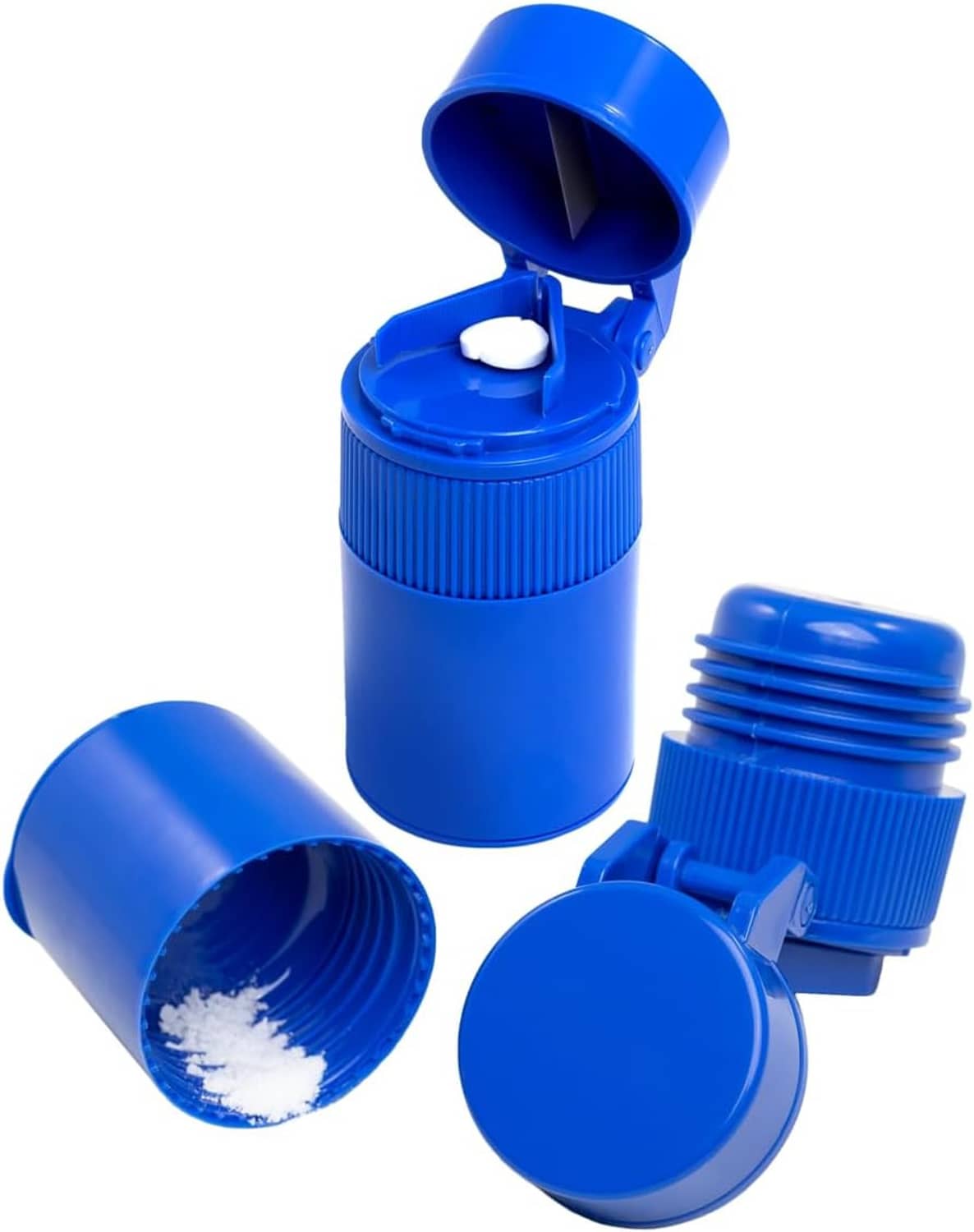 Blue pill crusher set with open lid, cylindrical end chamber, and side crank piece