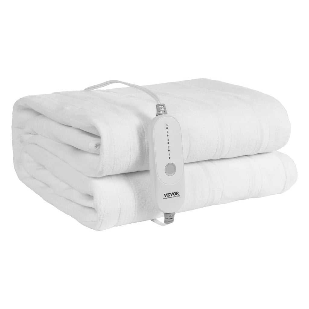 Folded heated mattress pad with attached VEVOR electric controller, white fleece