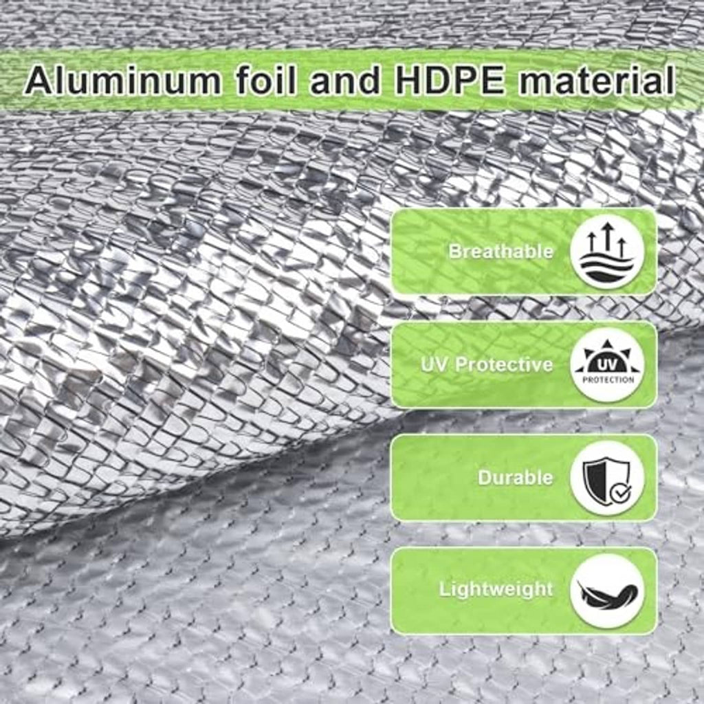 Reflective silver shade cloth tarp with aluminum-foil style mesh texture