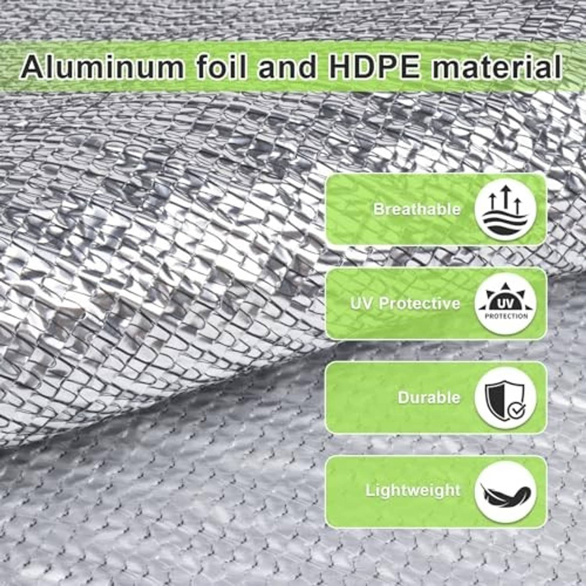 Reflective silver shade cloth tarp with aluminum-foil style mesh texture