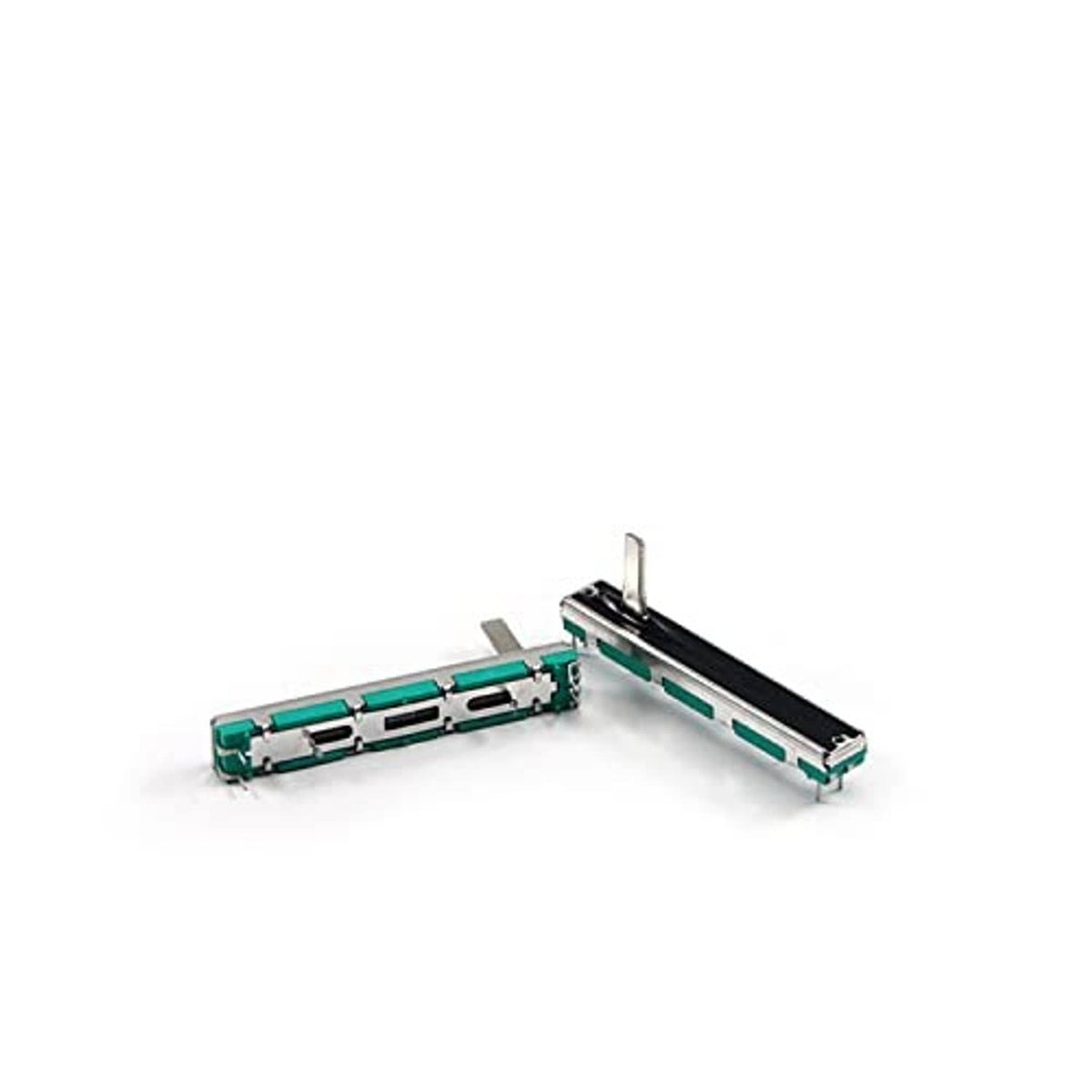 Pair of teal slide potentiometers with metal slider rails and mounting pins