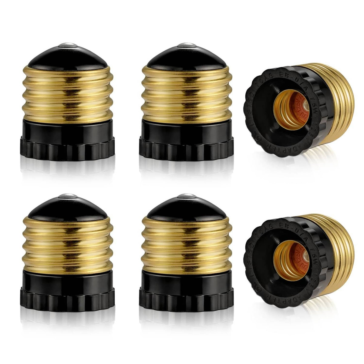 E26 to E12 socket adapter, black ring with gold threaded insert, multiple angles