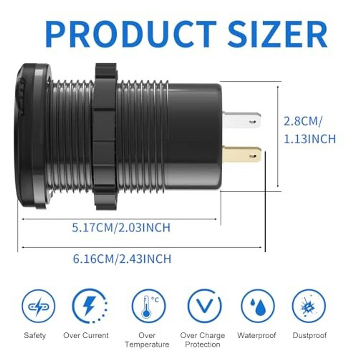 Black 12V car charger socket with size measurements and safety protection icons
