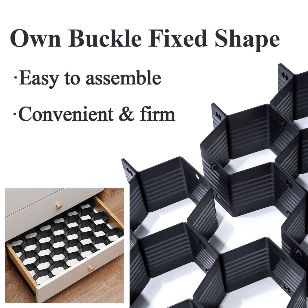 Black fixed-shape honeycomb drawer organizer divider with interlocking cubbies