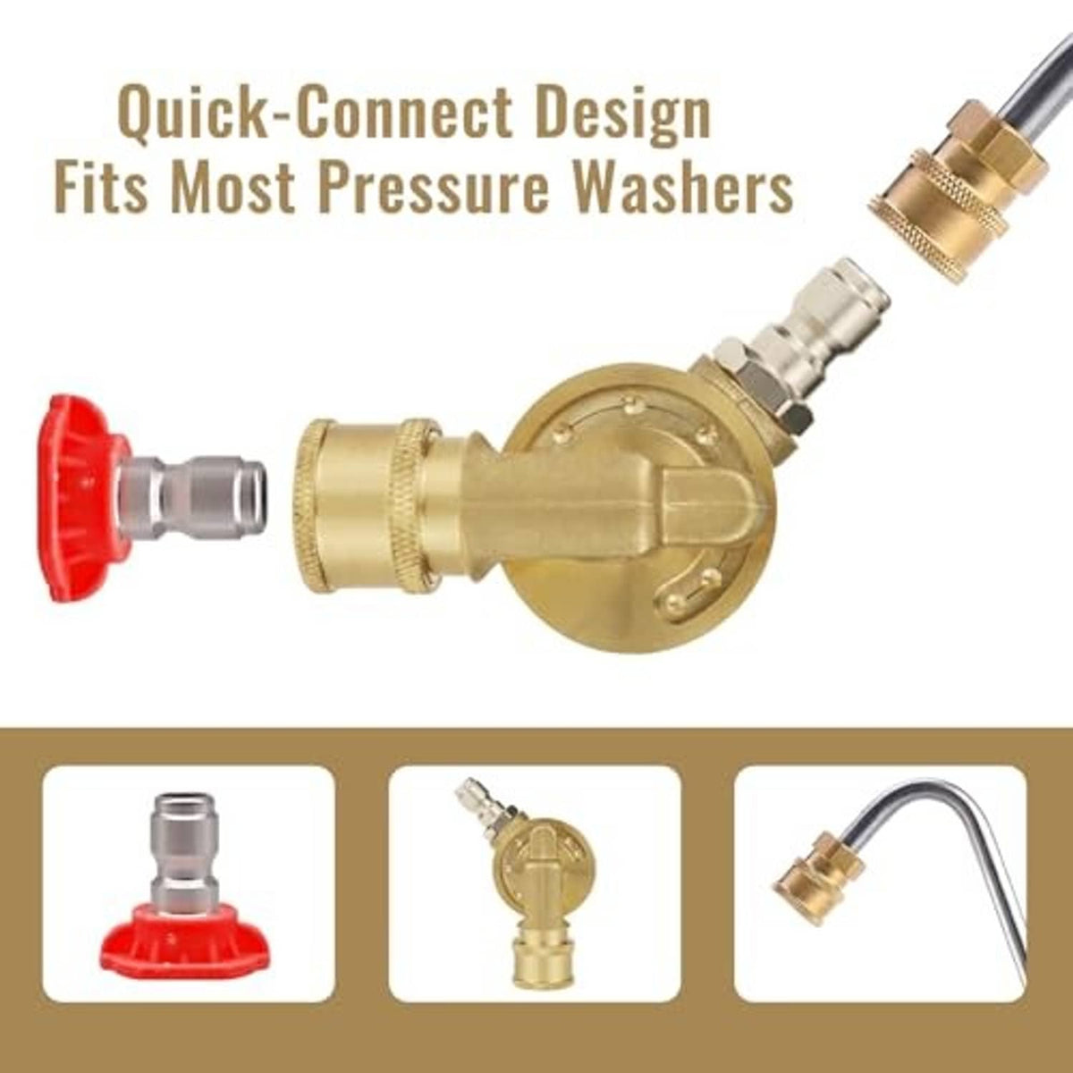Brass 1/4 quick-connect pivoting coupler attached between pressure washer hoses