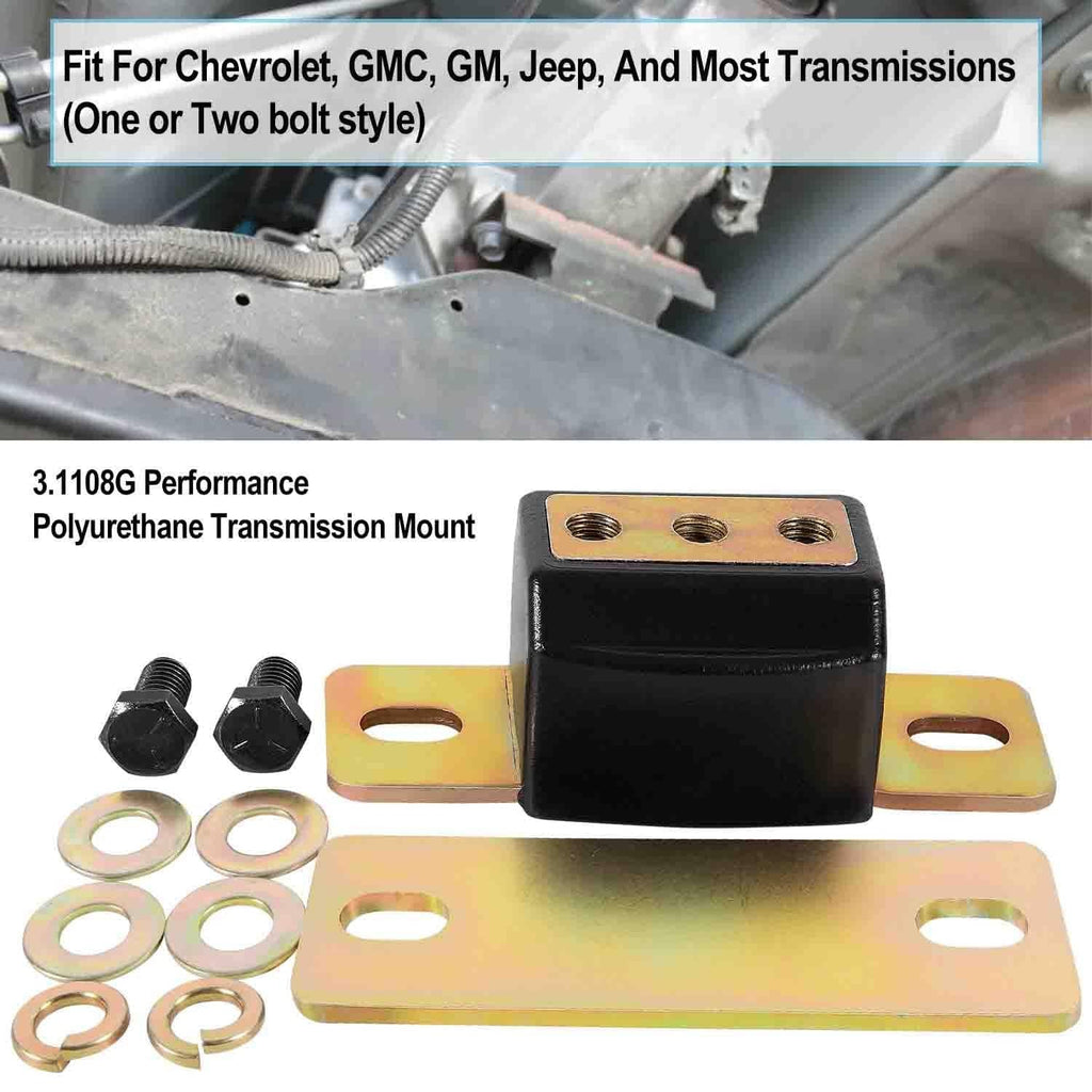 Performance polyurethane transmission mount kit, black bushing with yellow brackets and hardware