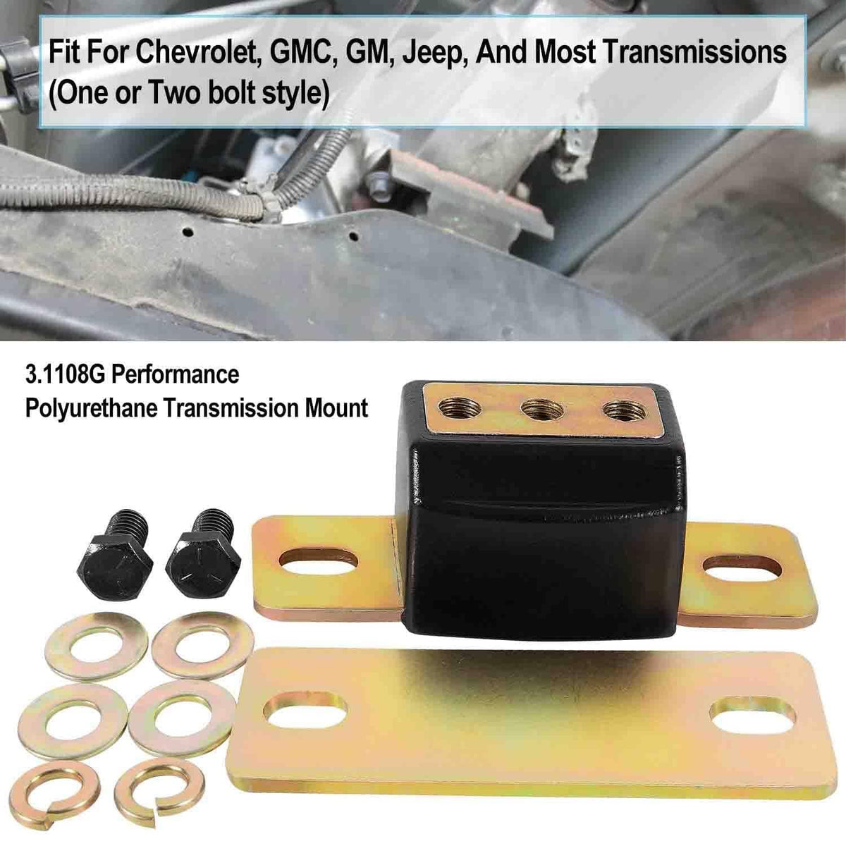 Performance polyurethane transmission mount kit, black bushing with yellow brackets and hardware
