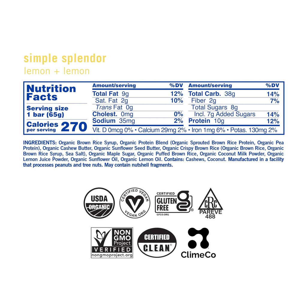 Nutrition Facts and certification icons on Gomacro organic lemon protein bar label