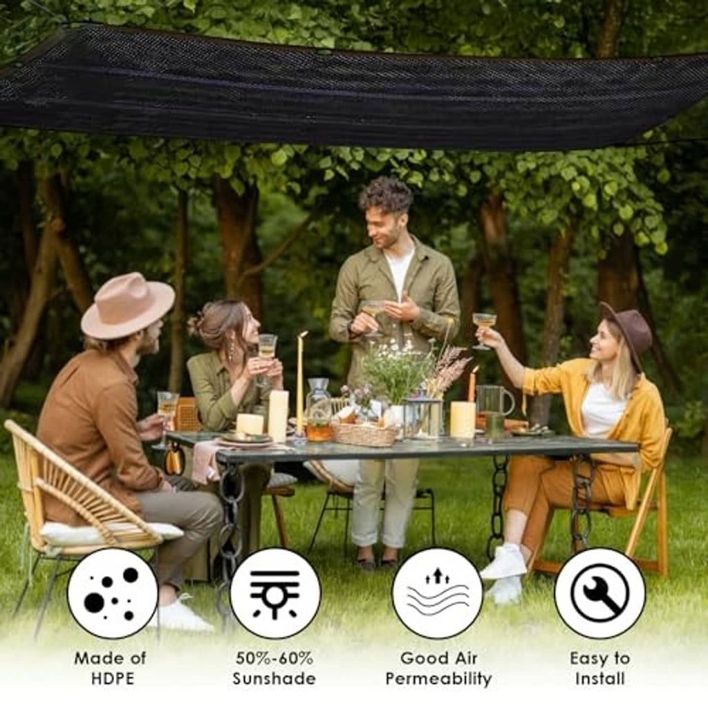 Outdoor shade cloth tarp overhead with dark gray mesh and brown frame