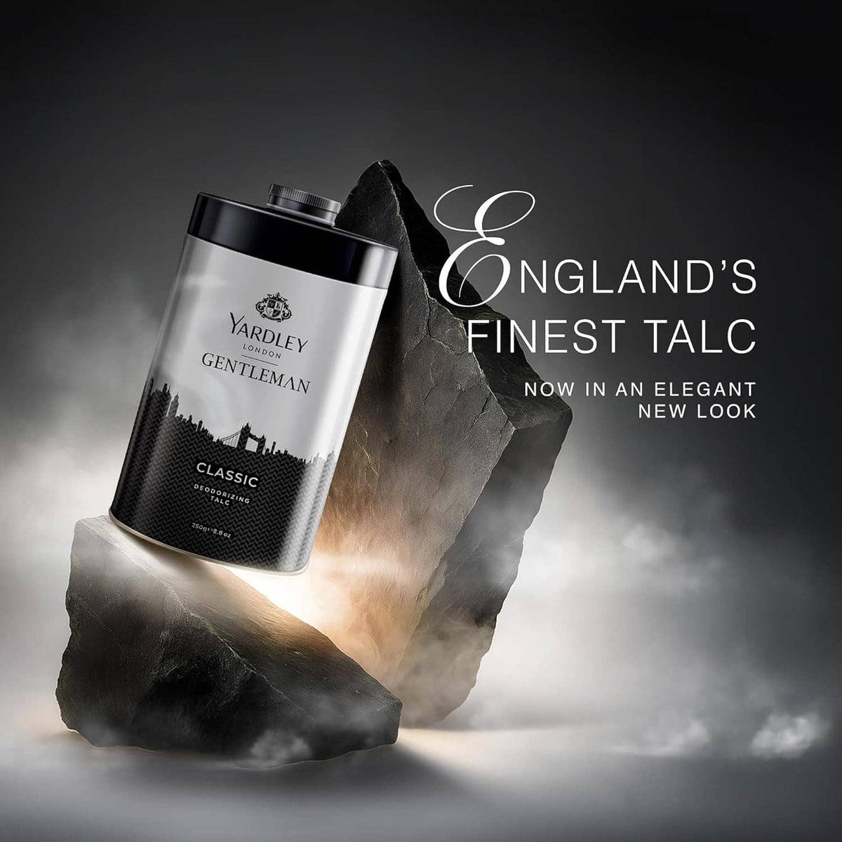 YARDLEY Gentleman talcum powder canister with black cap and silver sides, Classic formula