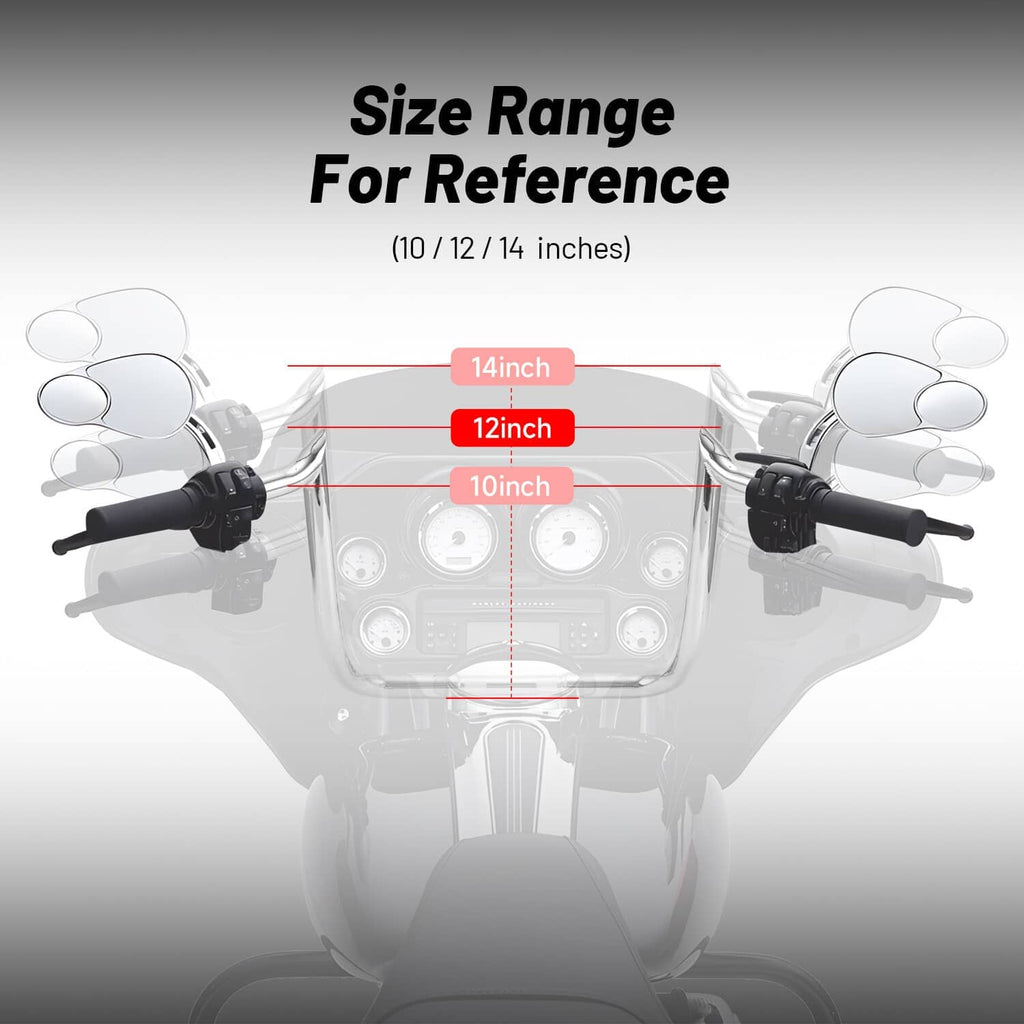Handlebar size range reference diagram for 10, 12, and 14 inch fit