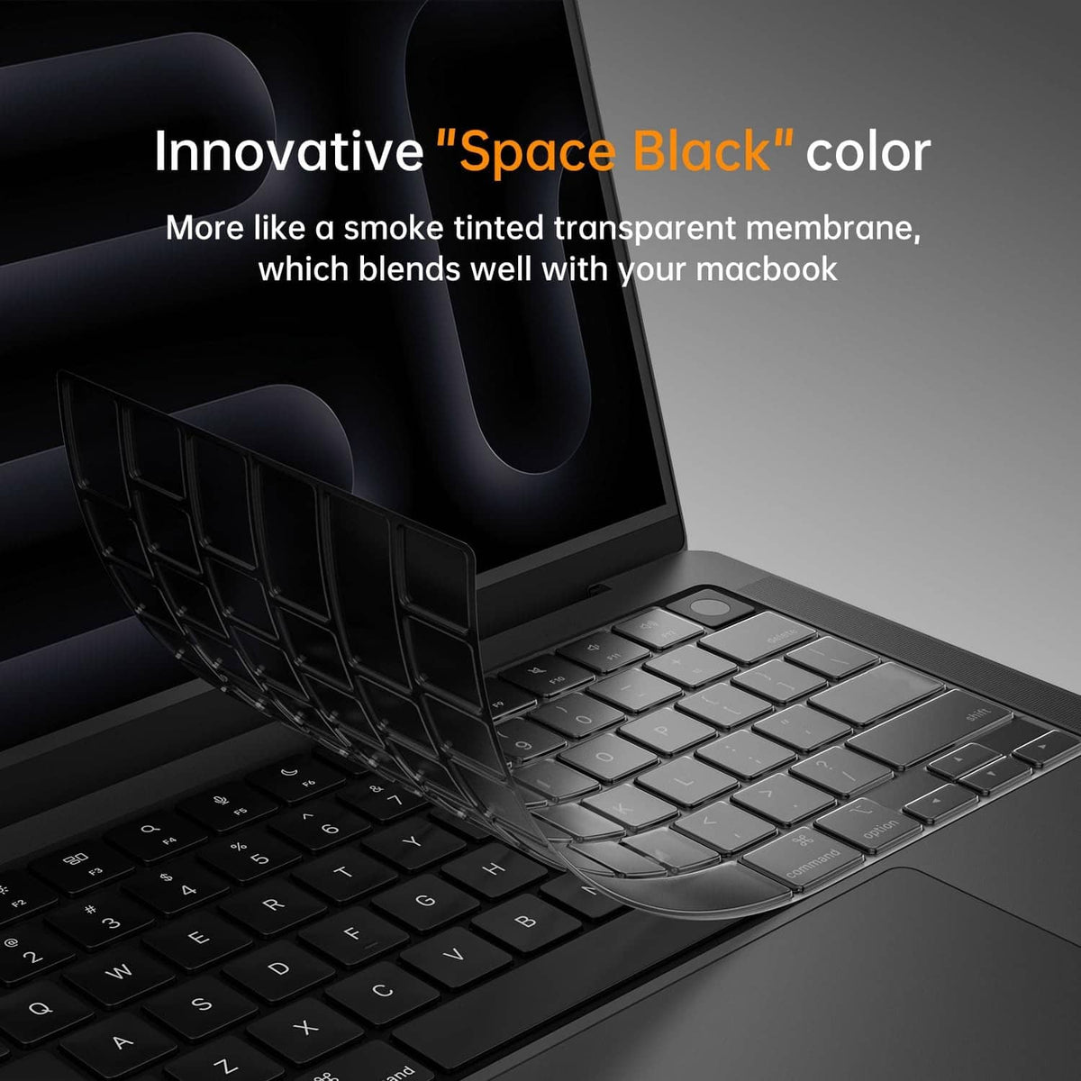 Smoke-tinted transparent keyboard cover skin in space black for MacBook Pro