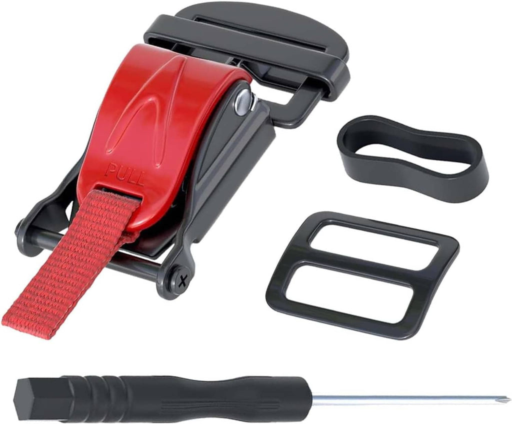 Motorcycle helmet quick-release buckle kit with red strap, black latch, metal rod