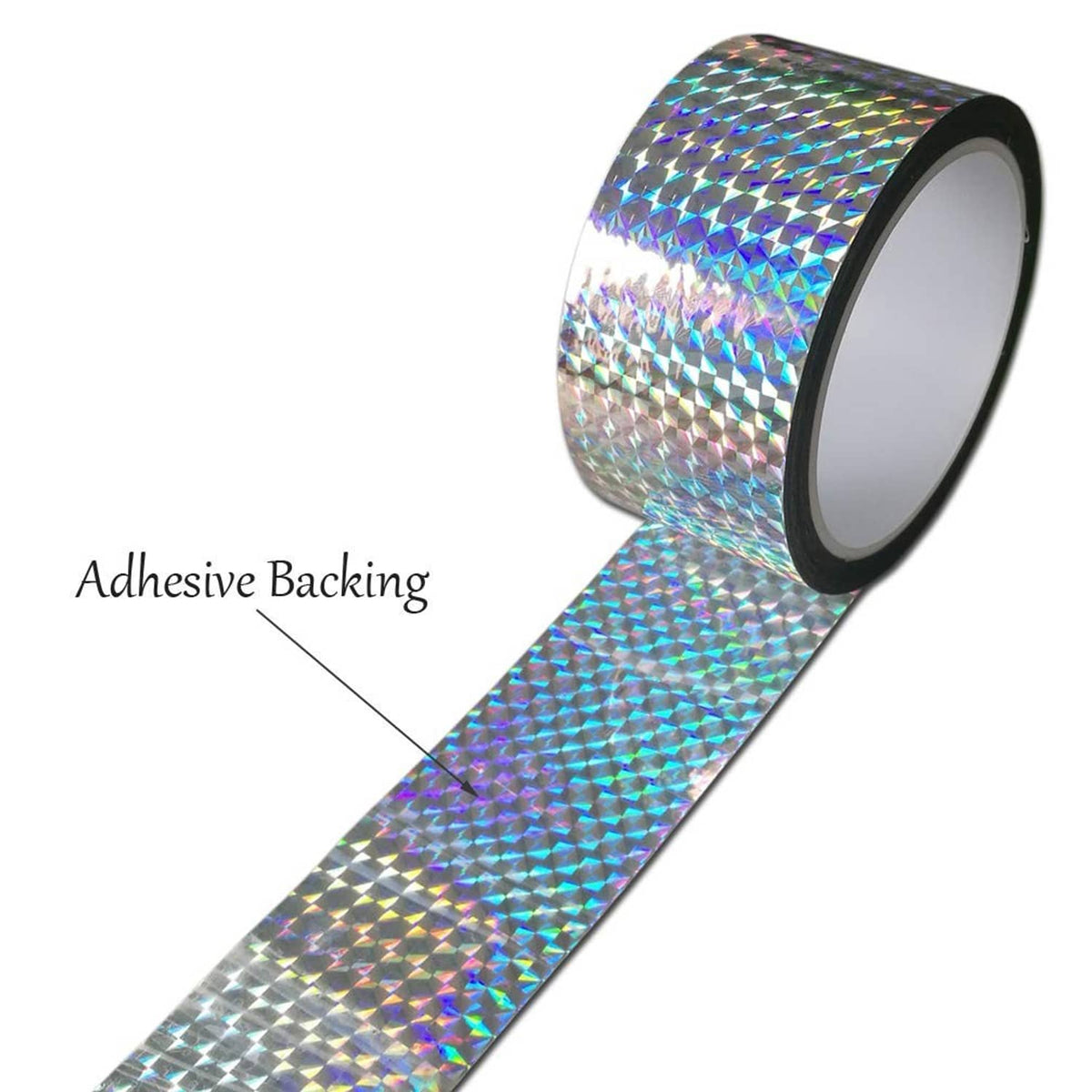Eacilles holographic reflective tape roll with adhesive backing, rainbow metallic pattern
