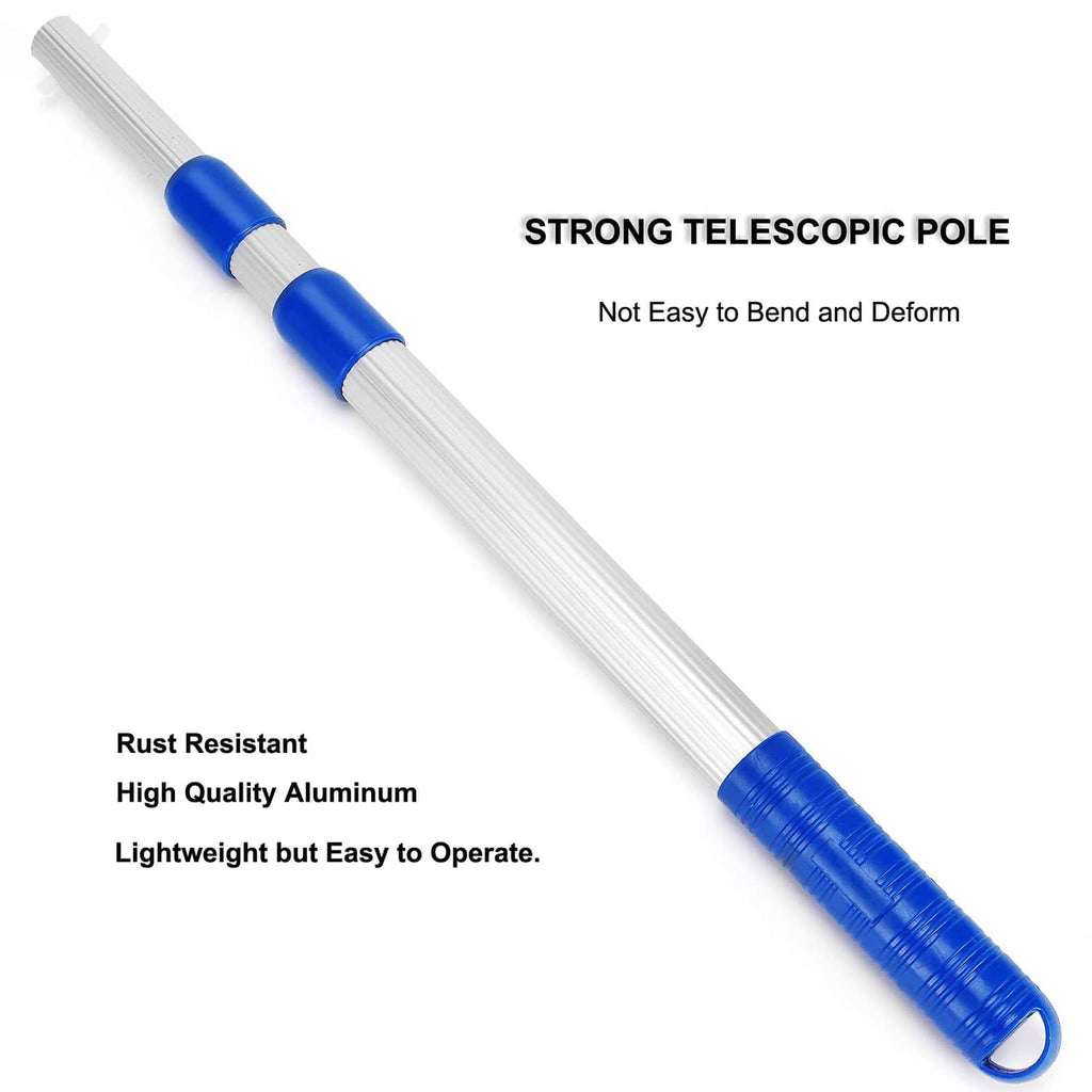 Telescopic pool skimmer pole with rust-resistant aluminum shaft and blue end grips
