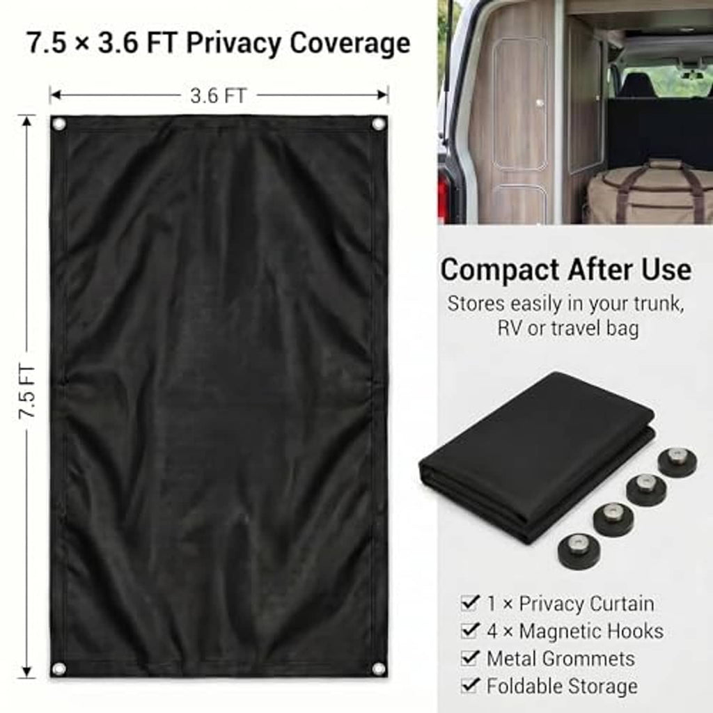 Black privacy shower curtain with grommets and four magnetic hooks; folded for storage
