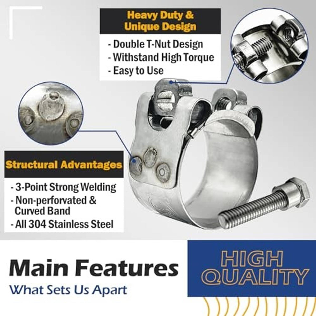 Heavy-duty stainless steel hose clamp with curved band and twin hex screws