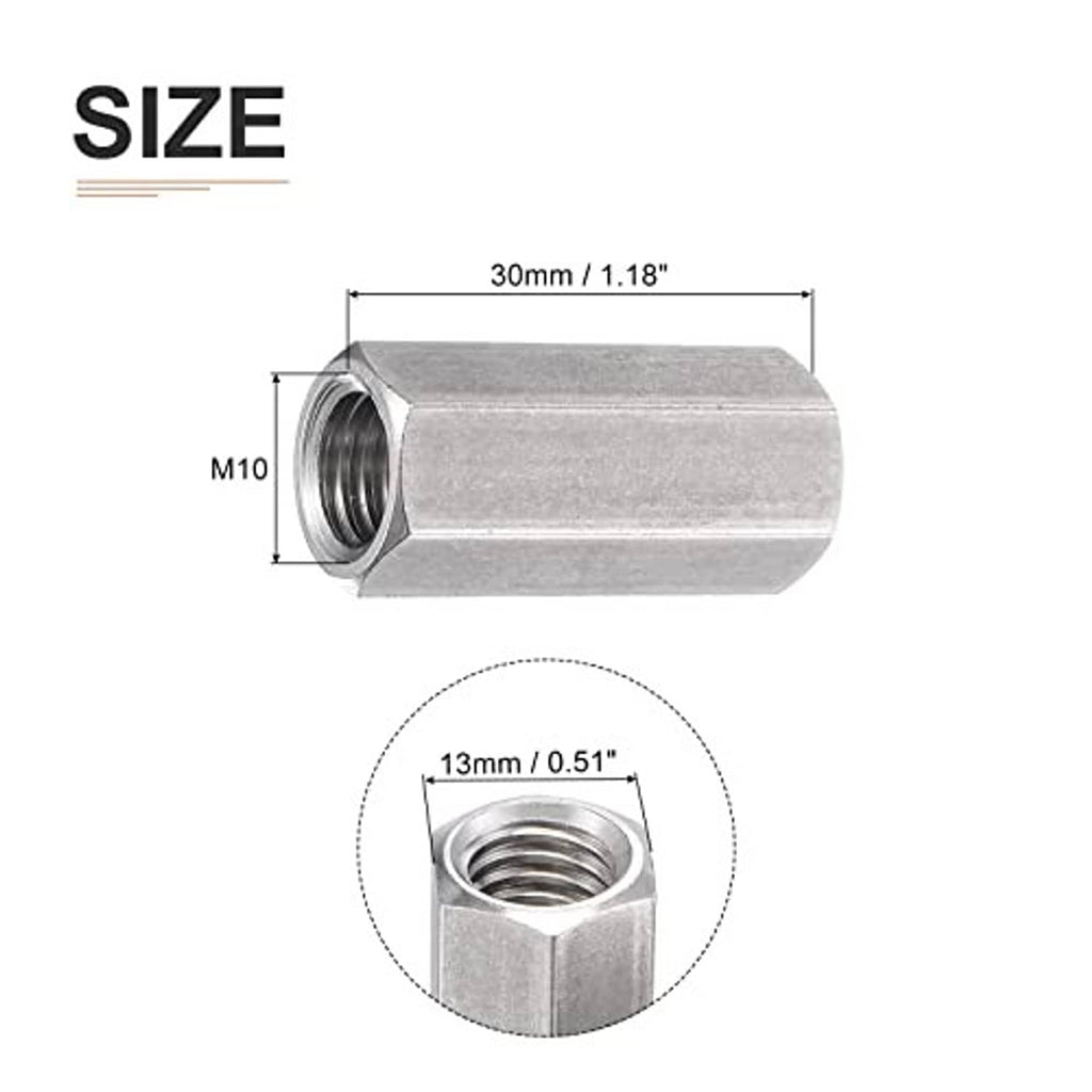 Hex coupling nut size M10 x 1.5, 30mm long, hex with threaded hole