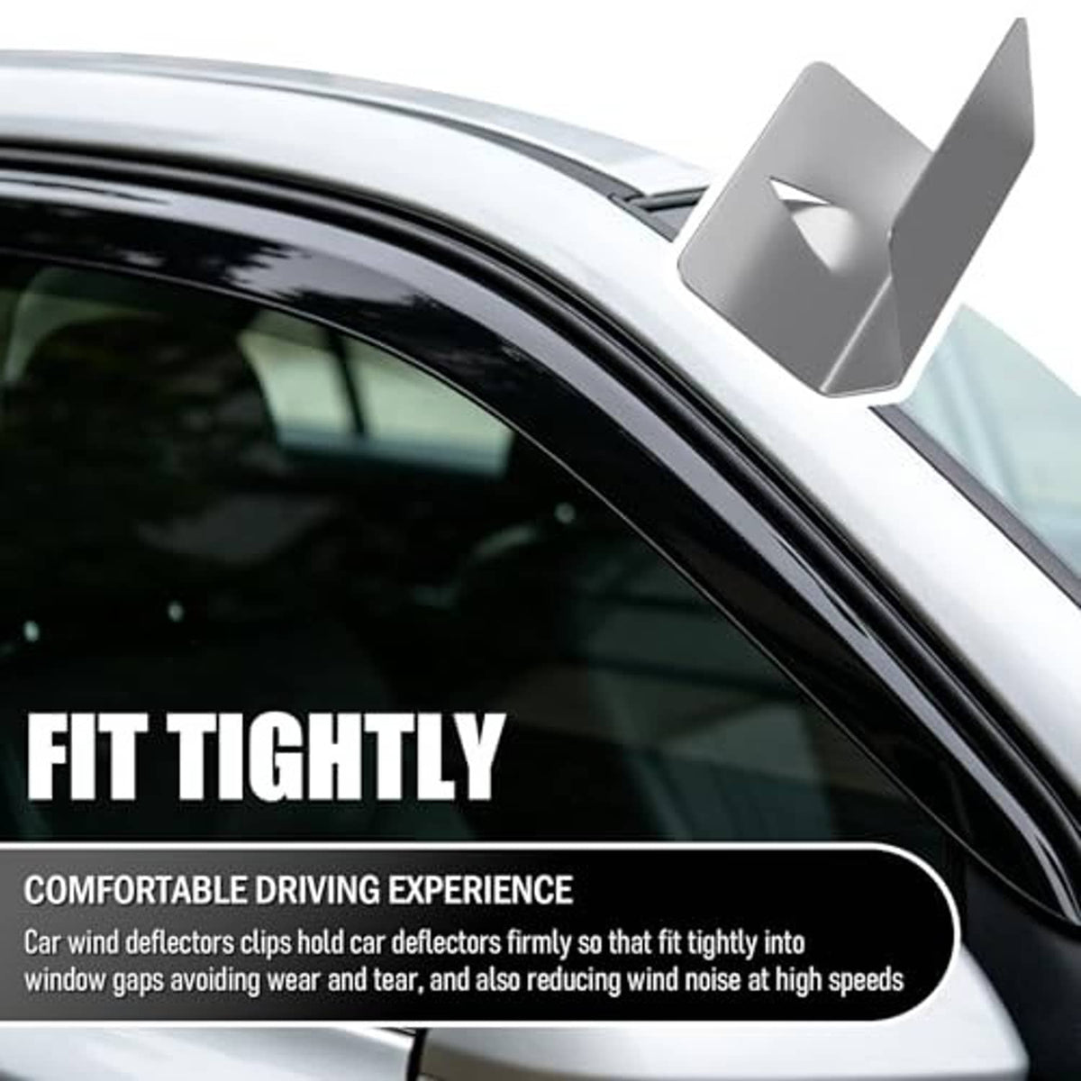 Silver window deflector clips attached along a car door window edge