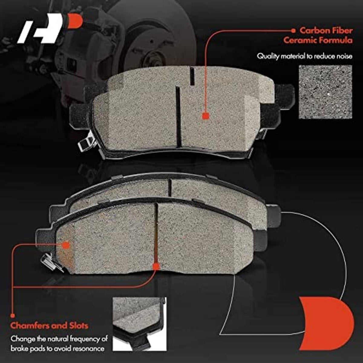 Ceramic brake pads with pair of friction surfaces and detailed pad material close-up