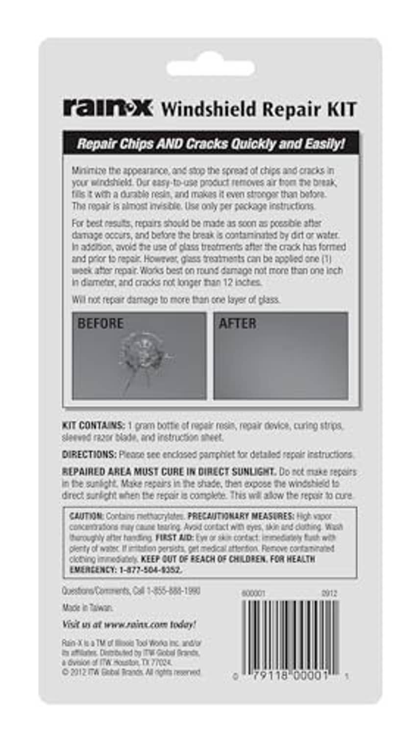Rain-x windshield repair kit back label with repair, directions, and contents info
