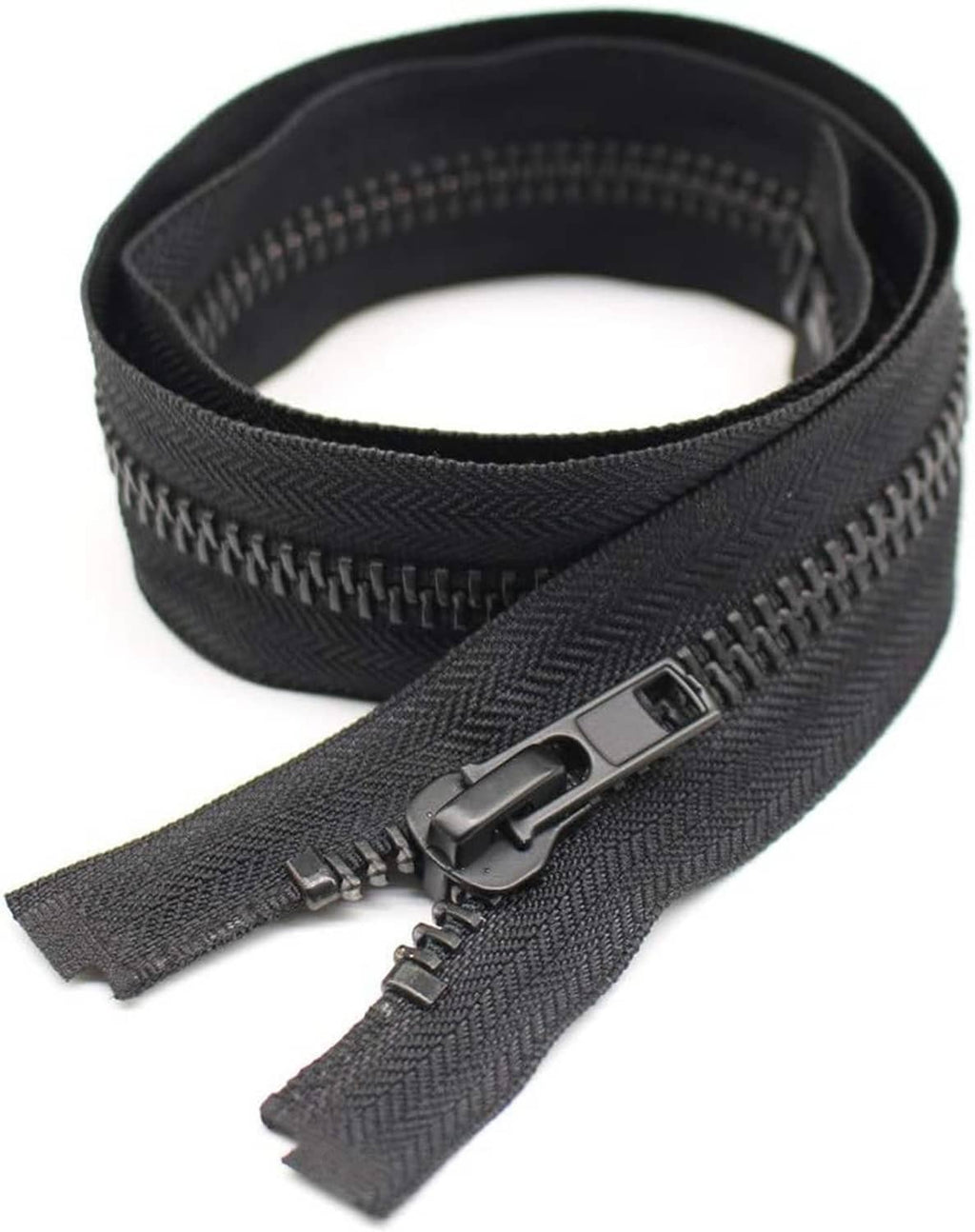 Separating zipper roll with dark fabric tape and black metal teeth, slider attached.