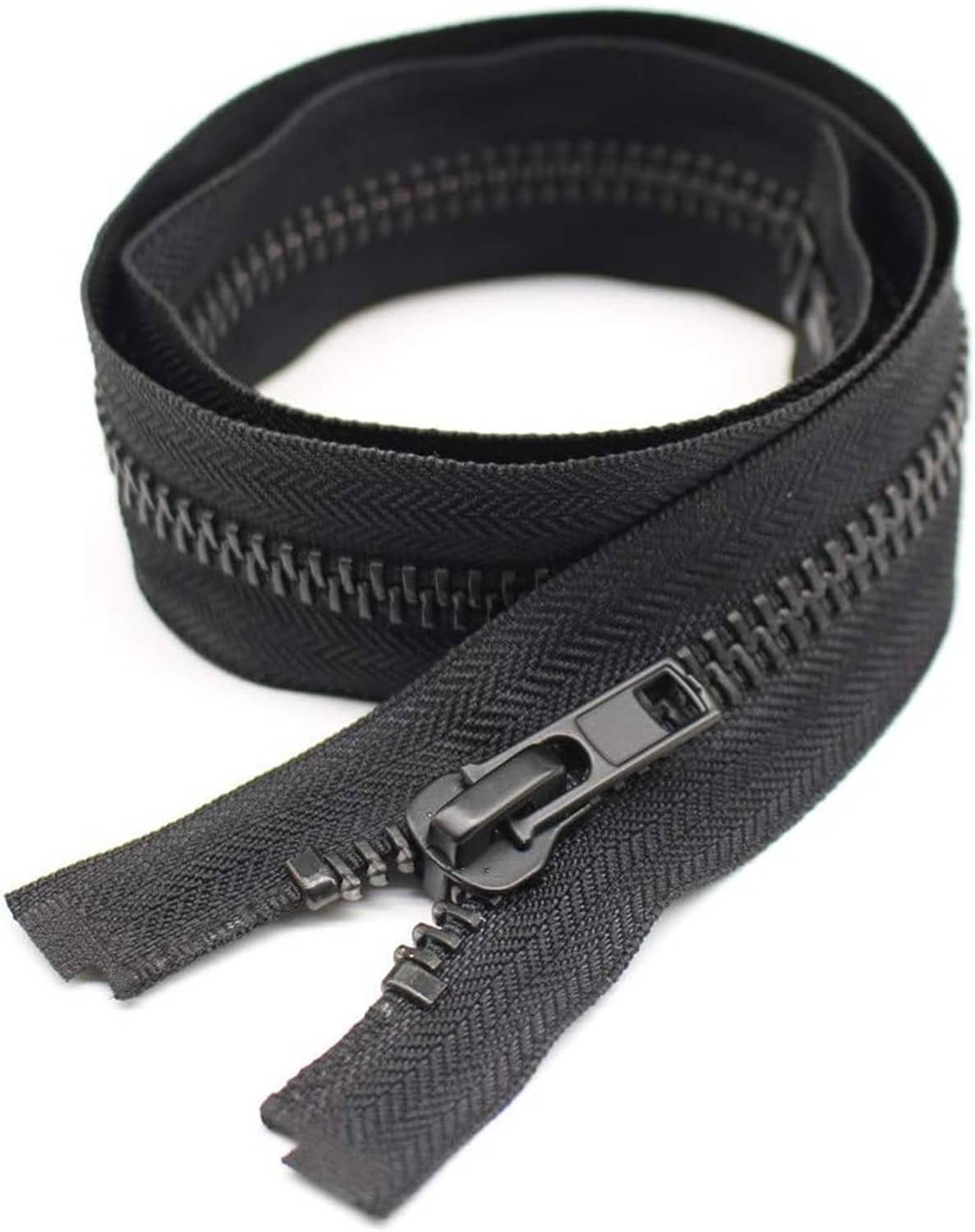 Separating zipper roll with dark fabric tape and black metal teeth, slider attached.