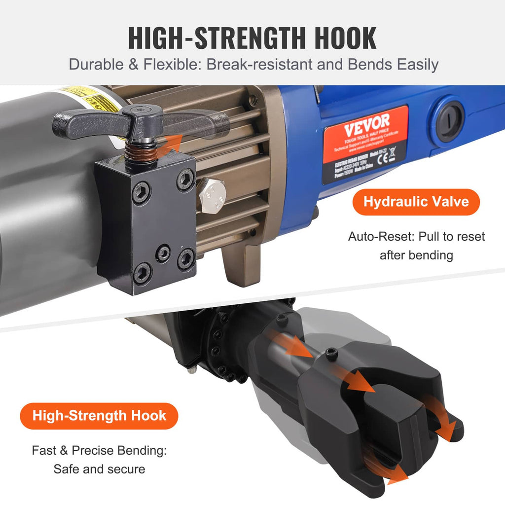 Hydraulic rebar bender close-up of hook and hydraulic valve near black handle