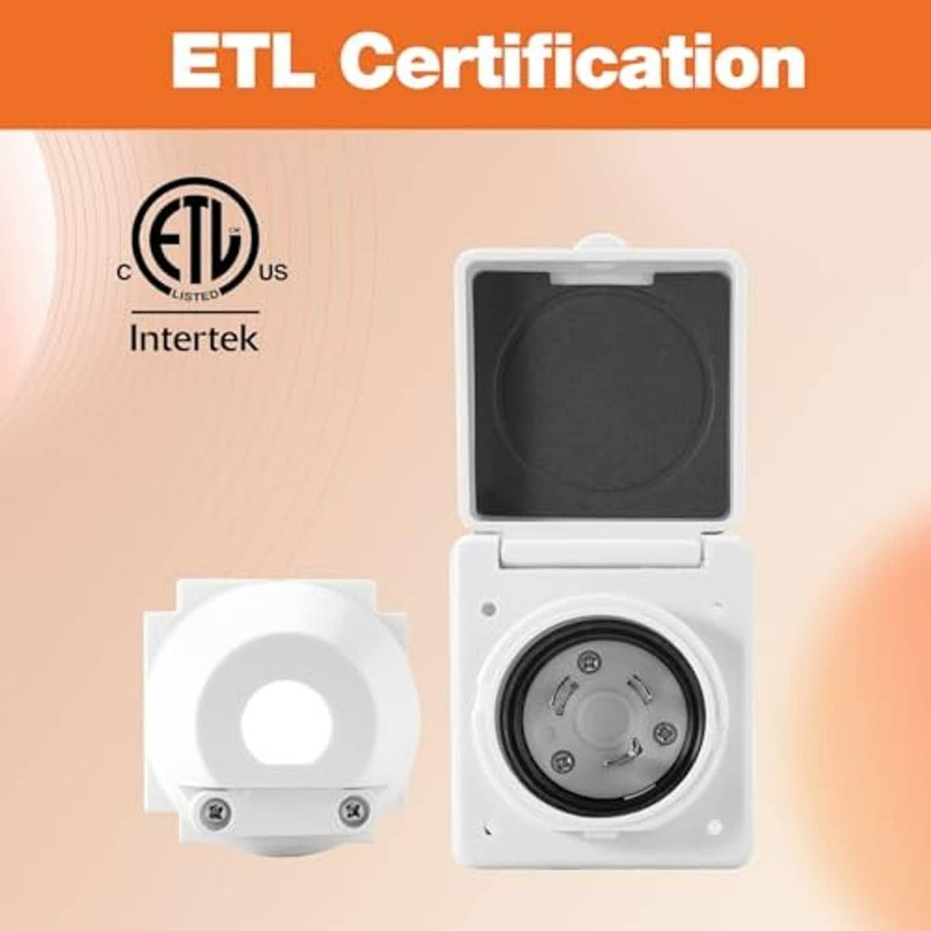 RV power inlet with black insert and circular socket, shown with certification marking