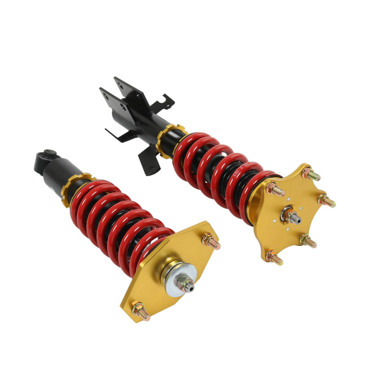 Coilover kit shocks with red springs, gold bases, and black upper brackets
