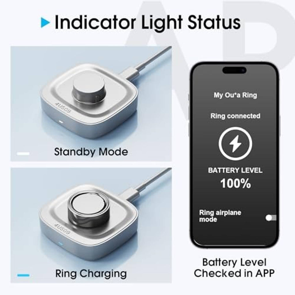 Portable Oura Ring Gen 4 charger base with indicator light and smartphone app status screen